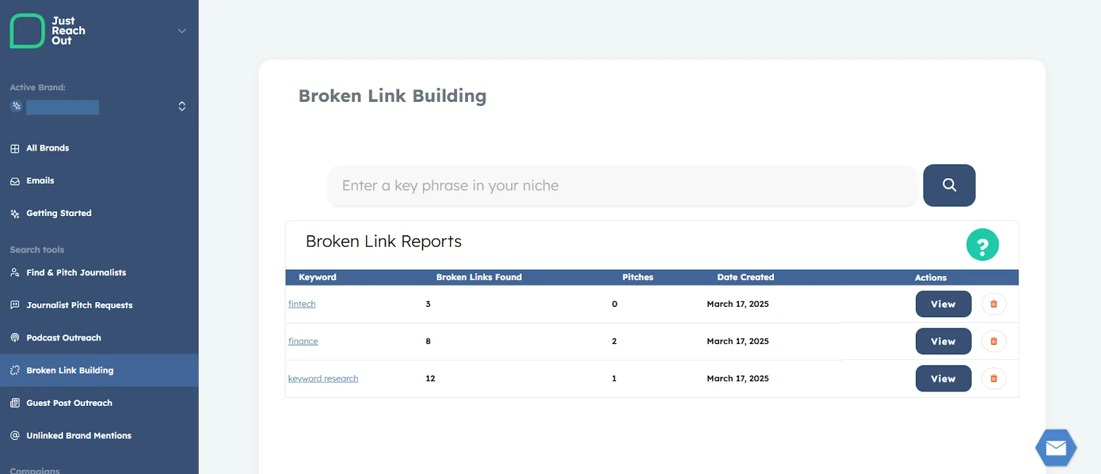 Interface showing broken link reports for various keywords in a digital marketing tool