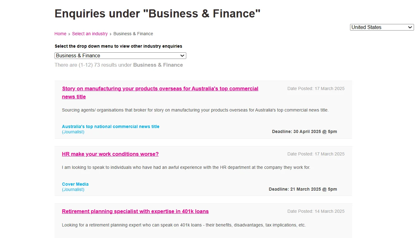Business and finance industry enquiries with various job postings and deadlines.
