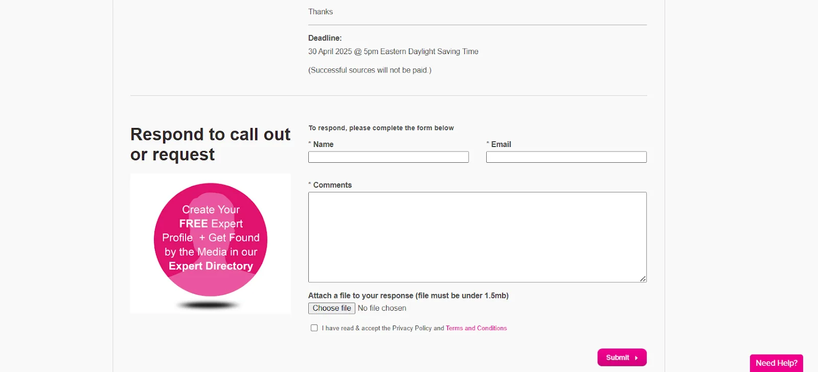 Form to respond to expert profile requests with submission details