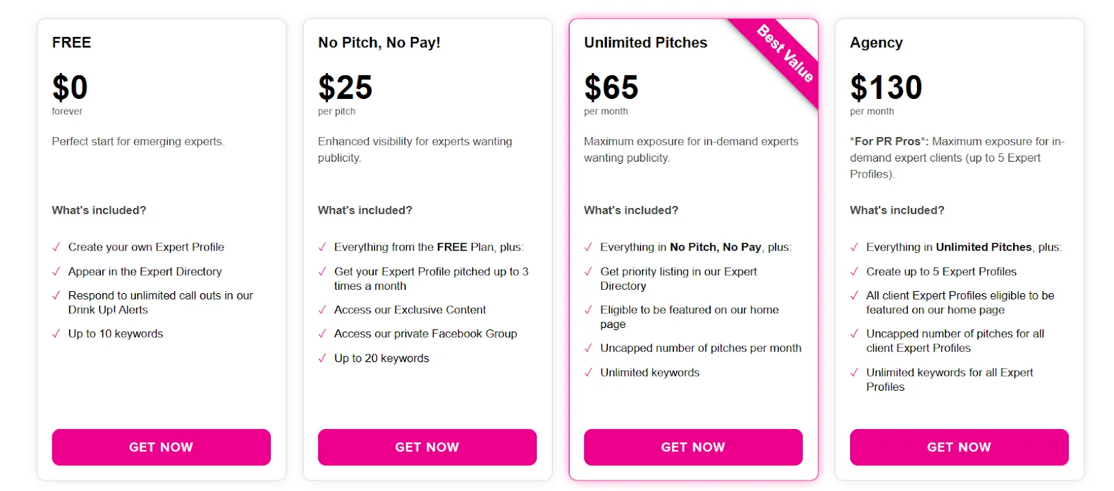 Pricing plans for expert visibility services including Free, No Pitch No Pay, Unlimited Pitches, and Agency options.