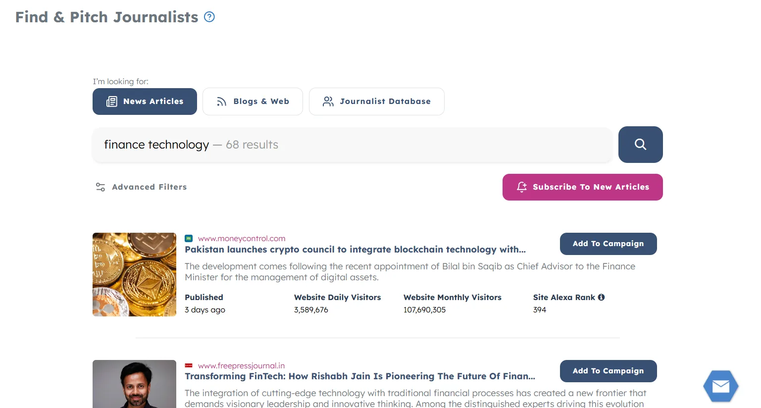 Search results for finance technology articles and journalists with visitor statistics.