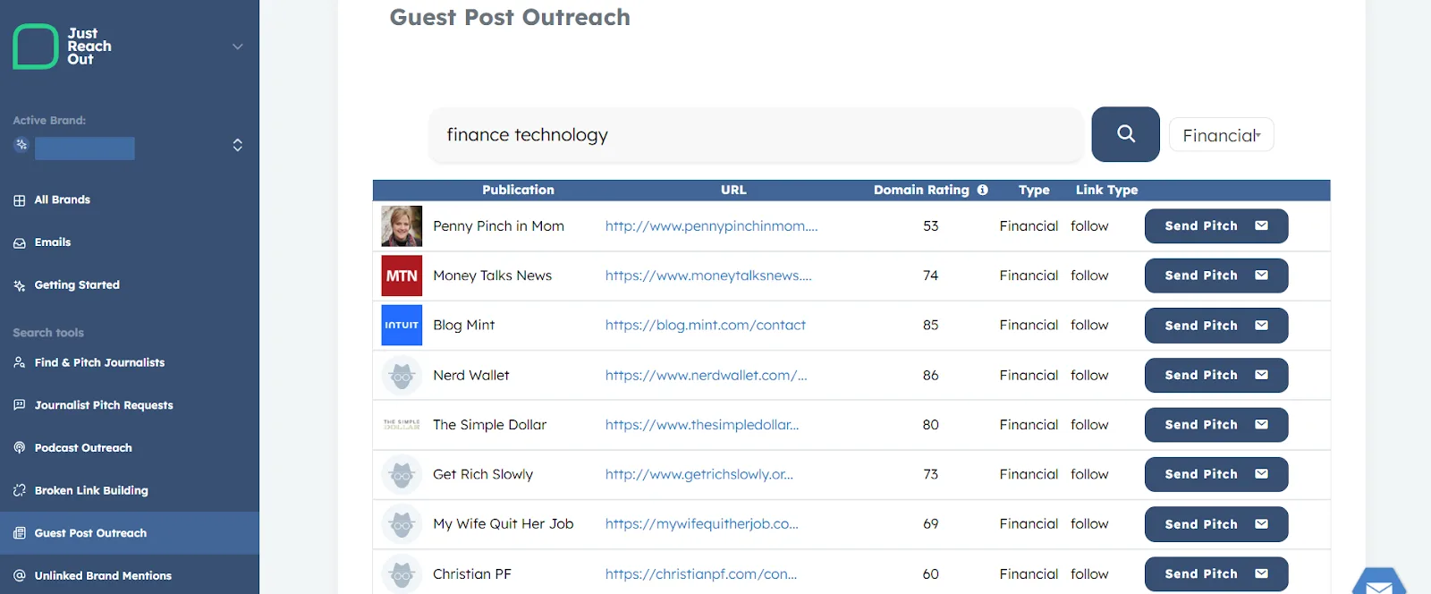 Guest post outreach tool for finance technology publications and pitches.