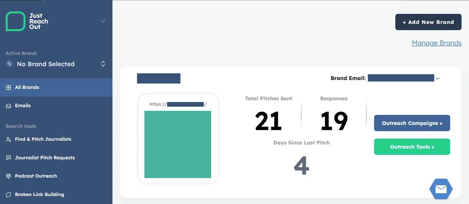 Dashboard of Just Reach Out showing pitch stats and email options