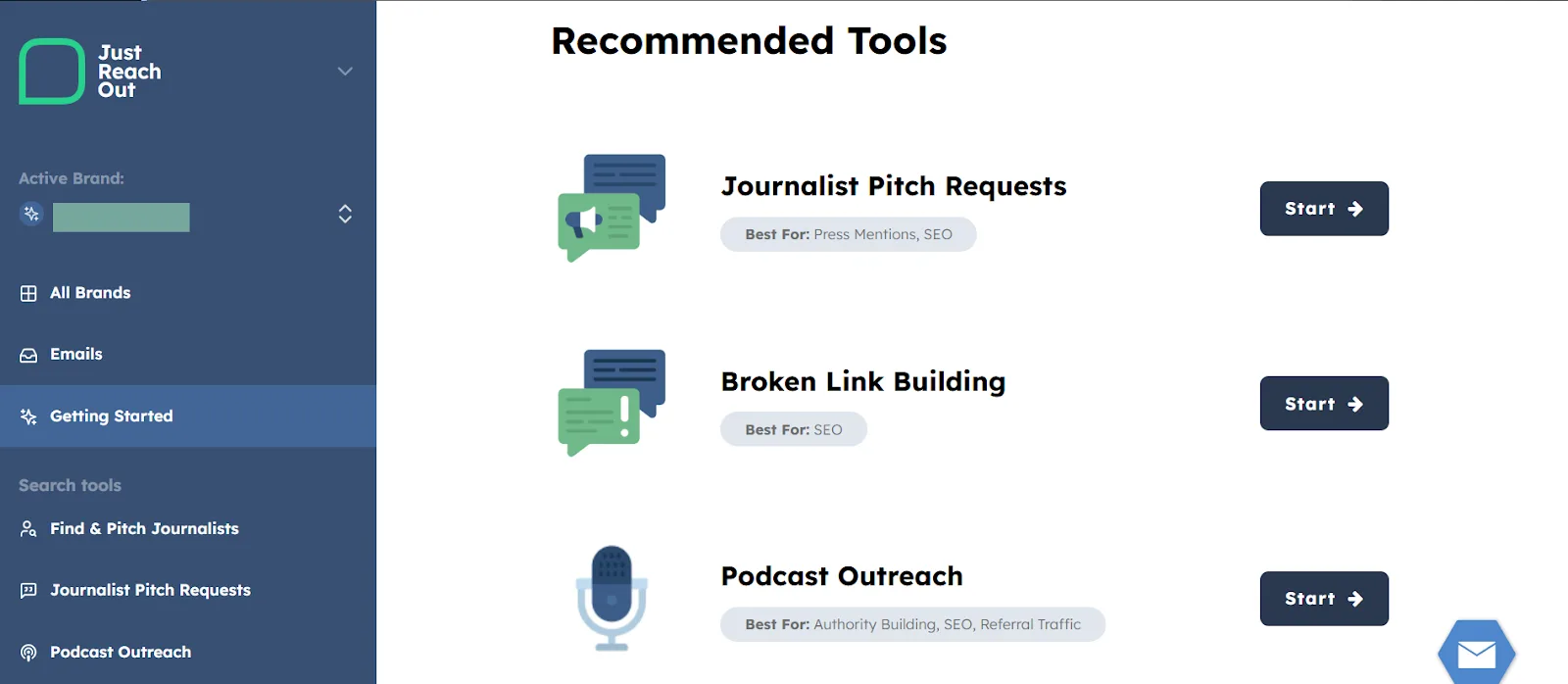 Just Reach Out interface displaying recommended tools for outreach, including Journalist Pitch Requests and SEO options.