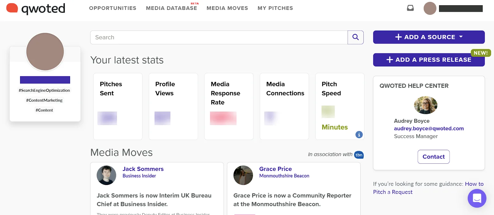 Dashboard showcasing media stats and recent media moves on Qwoted platform.