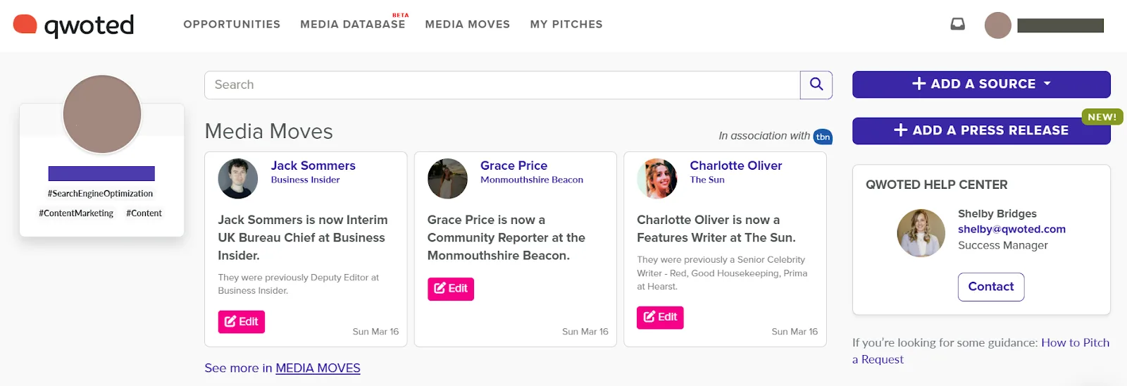 Media moves on Qwoted featuring updates on industry professionals.