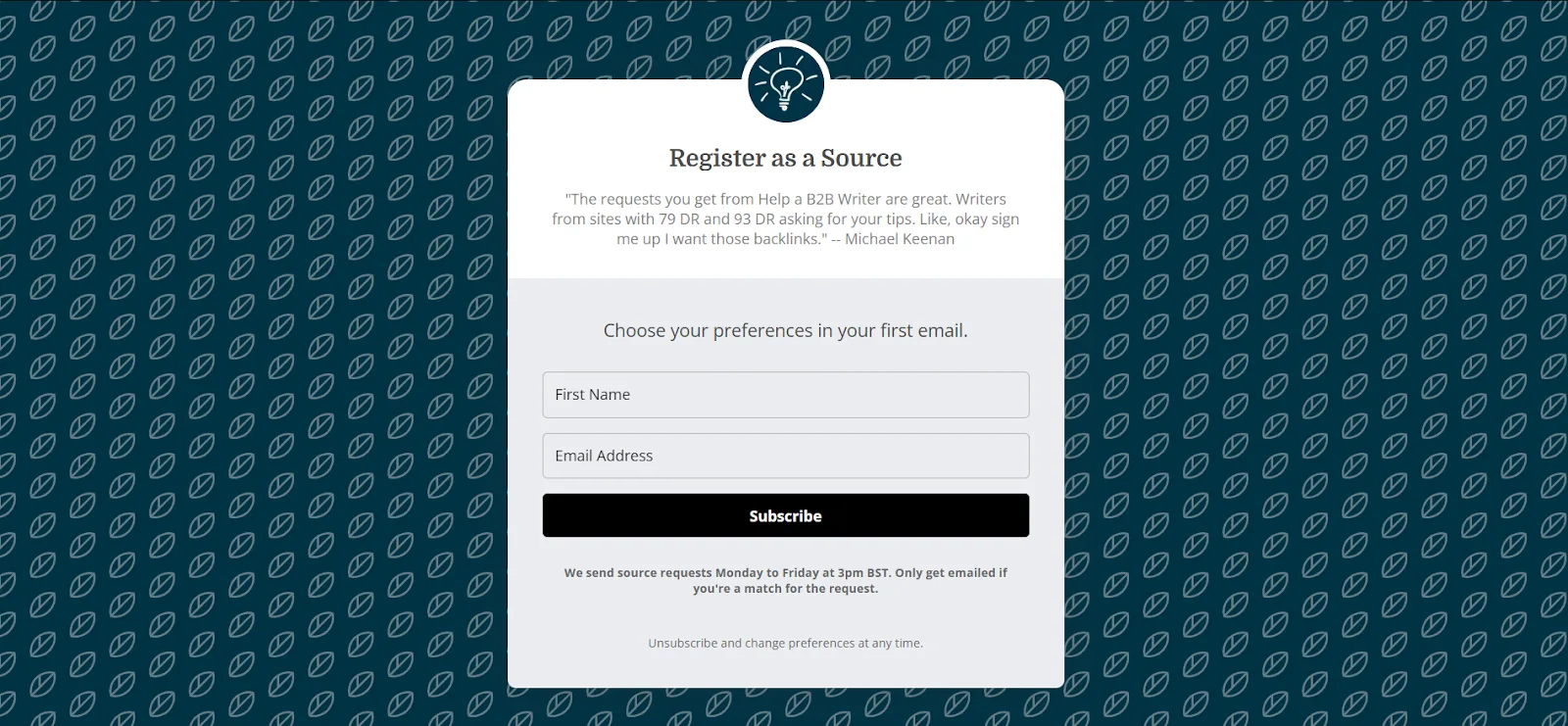Registration form for Help a B2B Writer with branding elements.