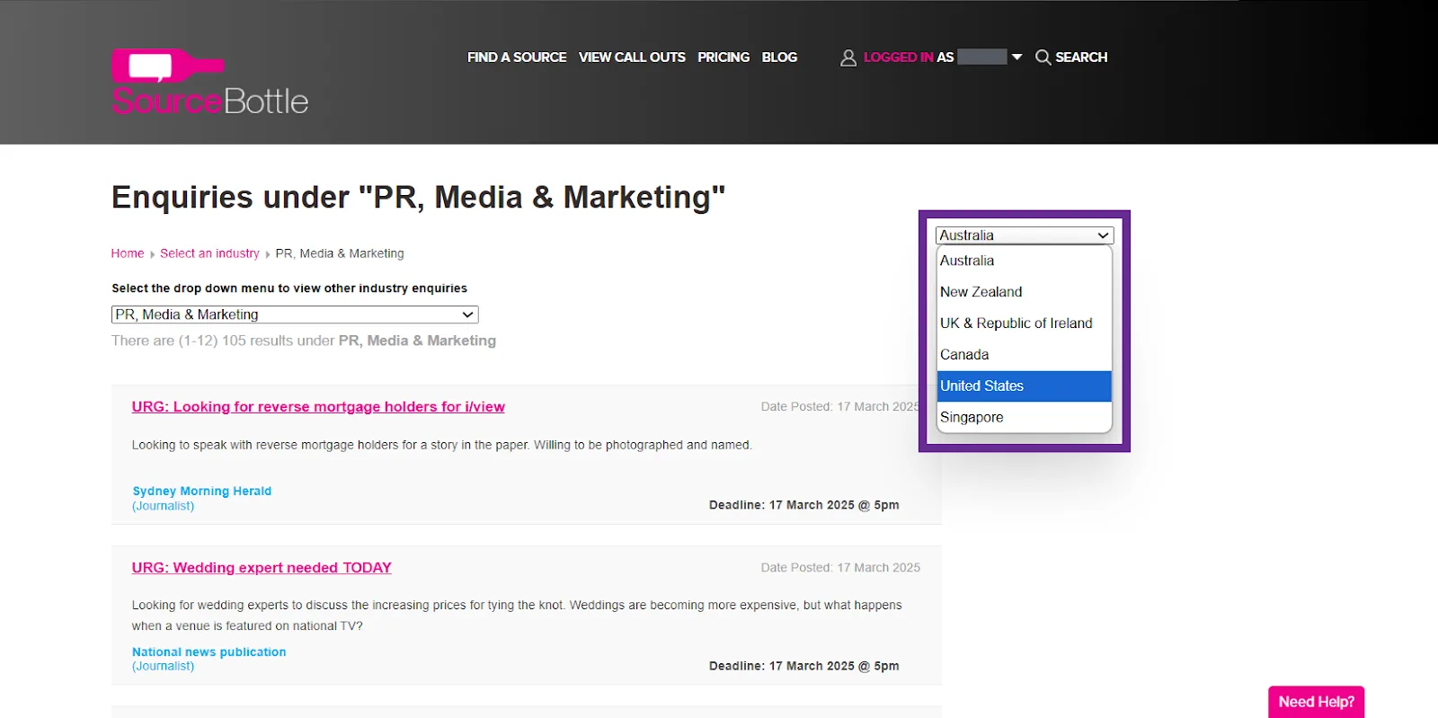 Dropdown menu for selecting industries in PR, Media & Marketing enquiries on SourceBottle.
