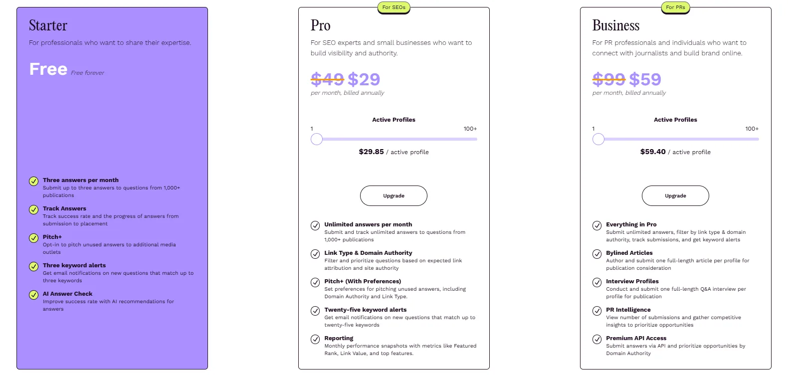 Comparison of subscription plans: Starter, Pro, and Business for sharing expertise and building authority.