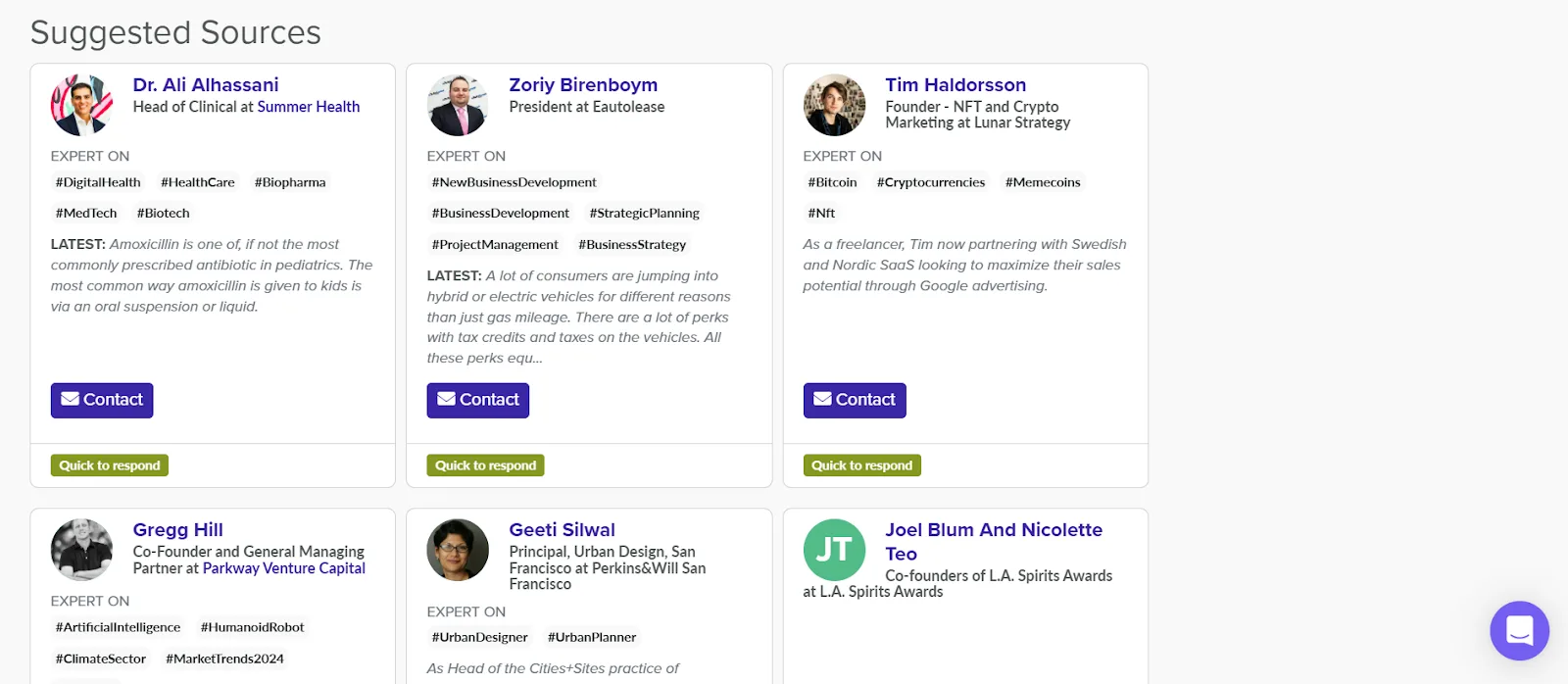 Suggested sources with expert profiles in health, business, and technology fields.