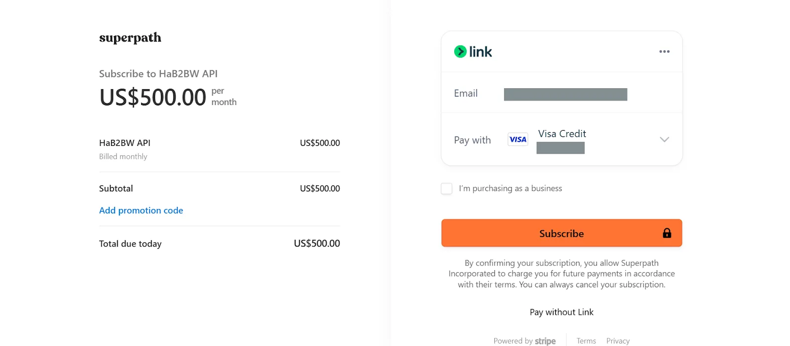 Superpath subscription page for HaB2BW API monthly payment of $500