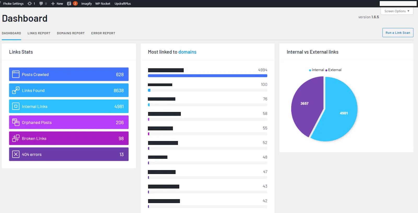Dashboard showing link stats including posts crawled, links found, and internal vs external links.