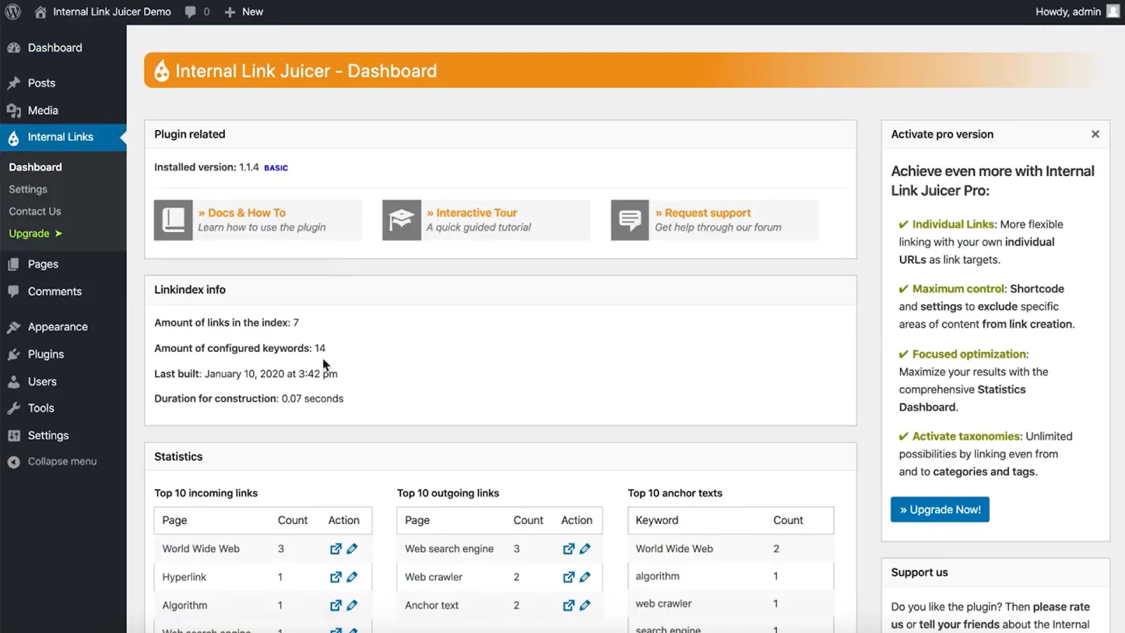 Internal Link Juicer dashboard showing plugin statistics and configuration options.