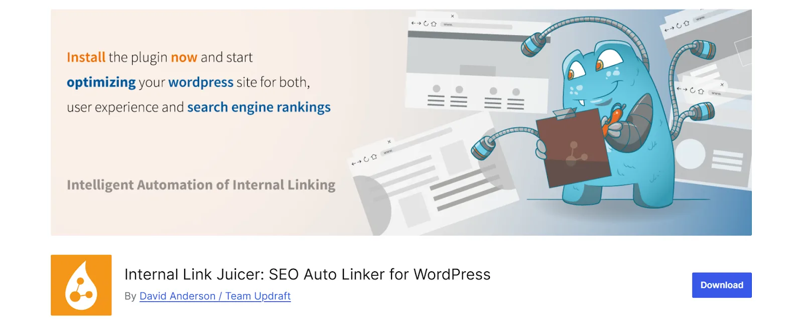 Cartoon robot promoting Internal Link Juicer for WordPress SEO optimization.