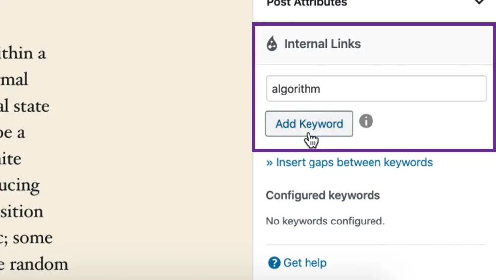 Admin interface showing internal links section with keyword input for SEO optimization.