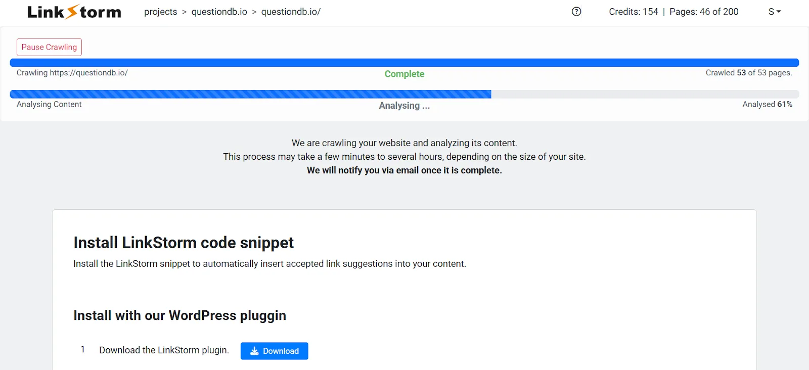 Interface for installing LinkStorm code snippet on WordPress site