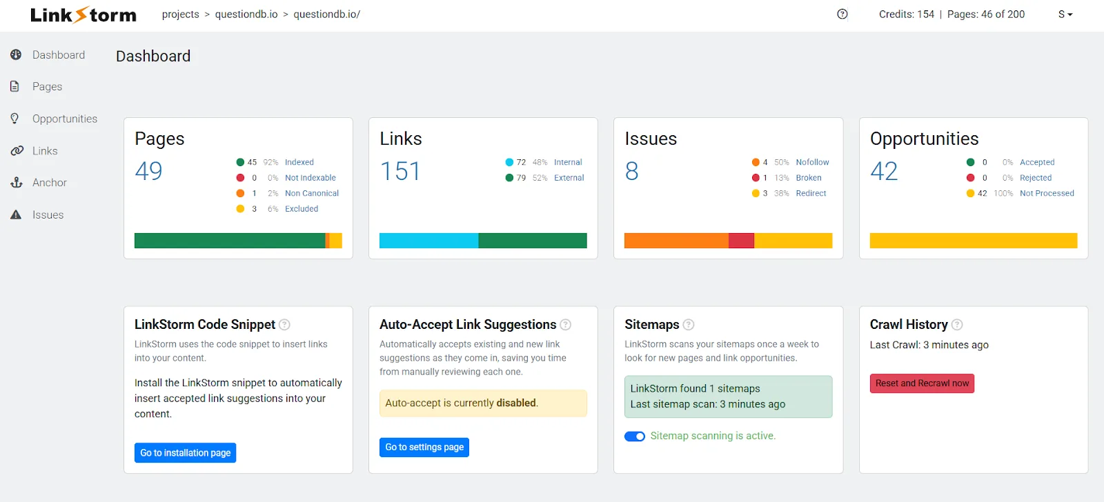 LinkStorm dashboard displaying pages, links, issues, and crawl history statistics.