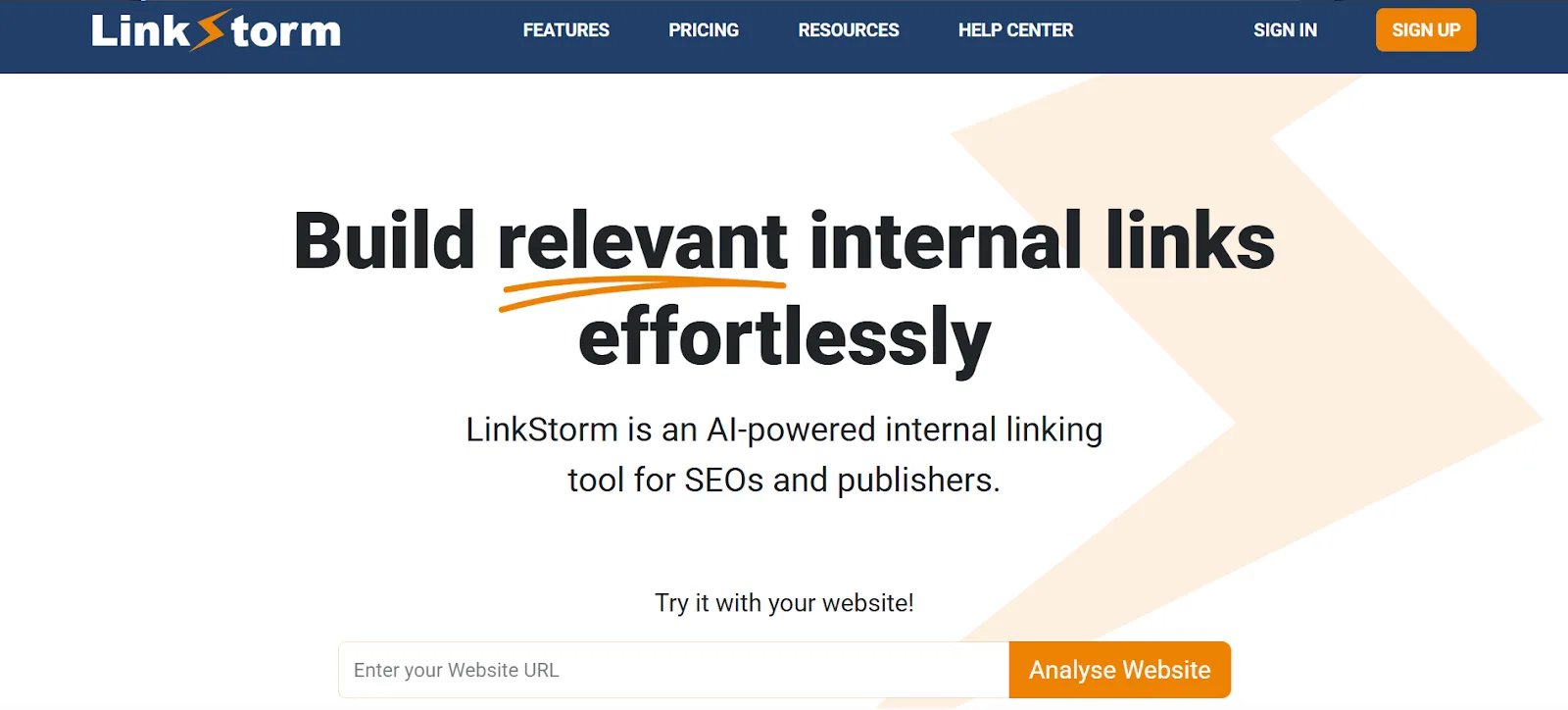 LinkStorm homepage showcasing AI-driven internal linking for SEOs.