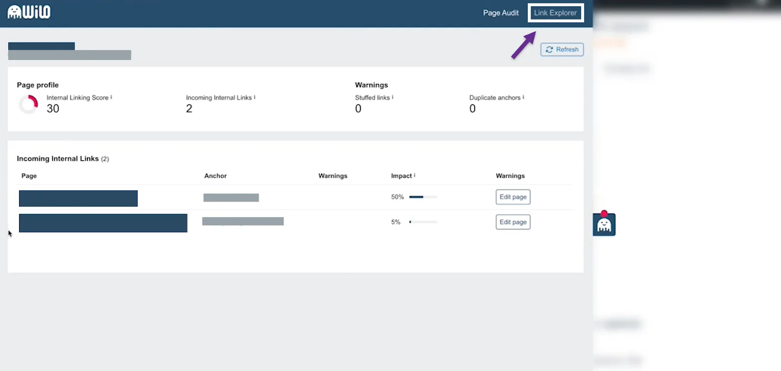 Page audit details with internal linking score and warnings overview.
