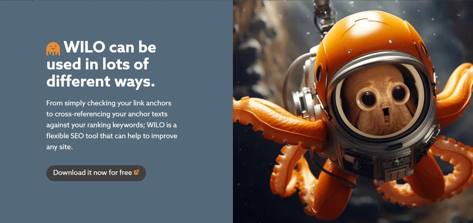 WILO SEO tool with an animated octopus in an orange space suit.