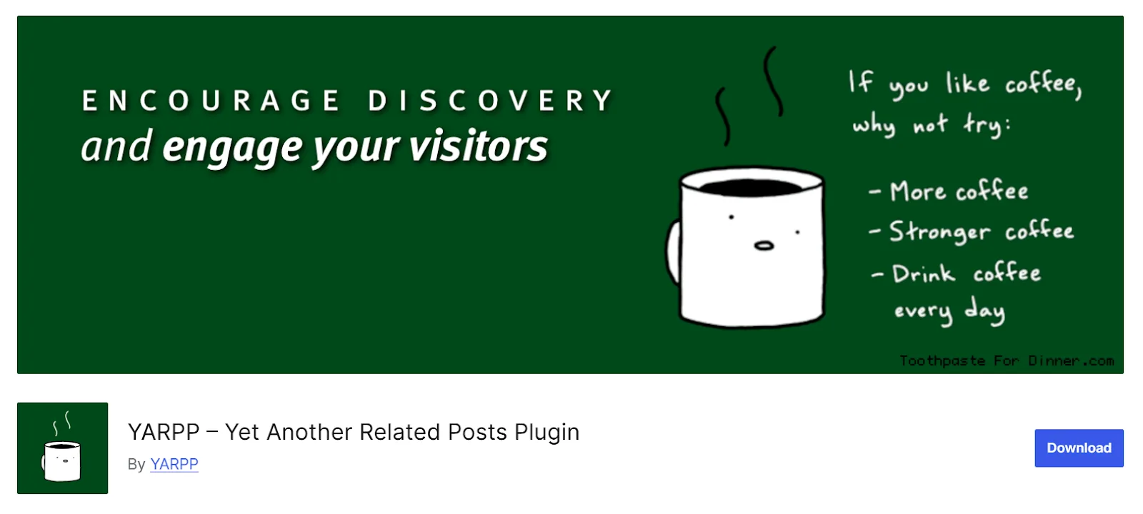 YARPP plugin promoting coffee engagement with humorous illustrations.