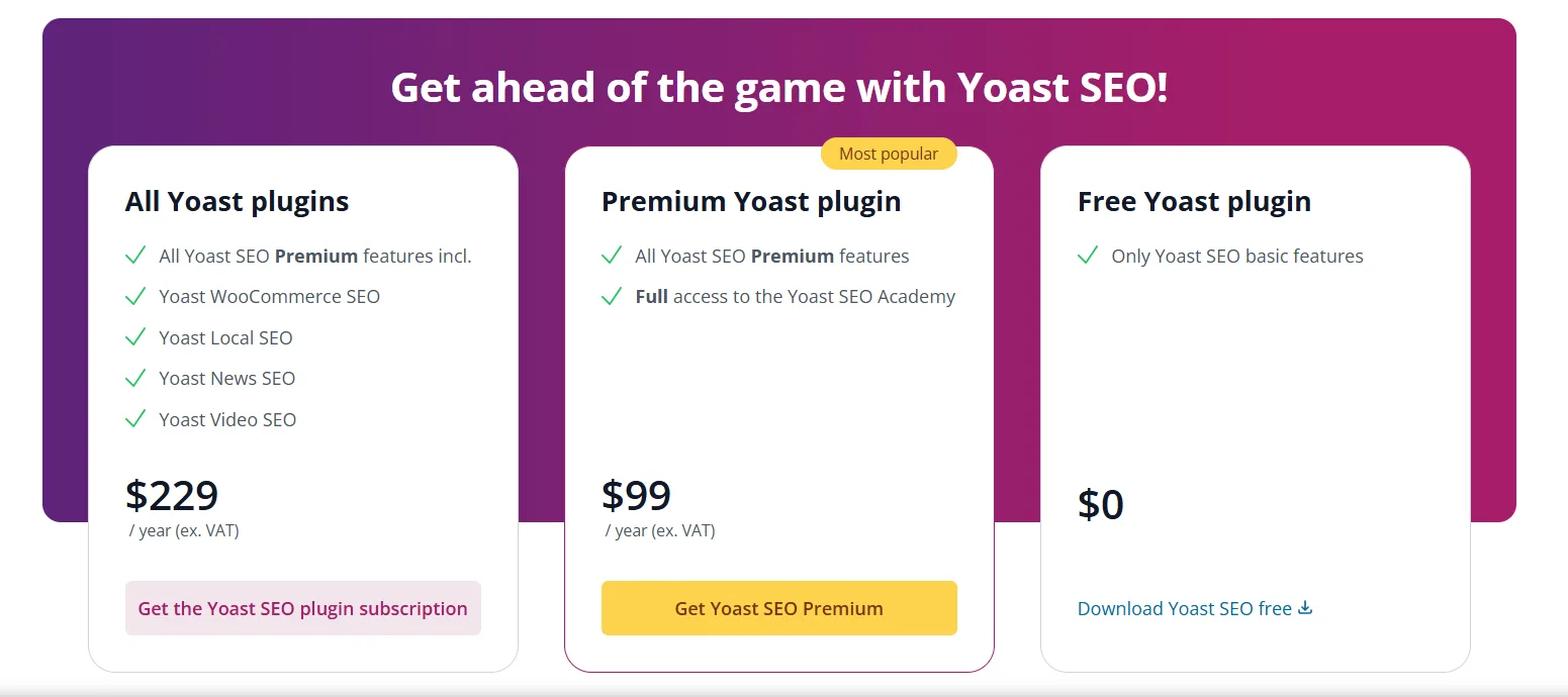 Comparison of Yoast SEO plugin subscription options and prices.