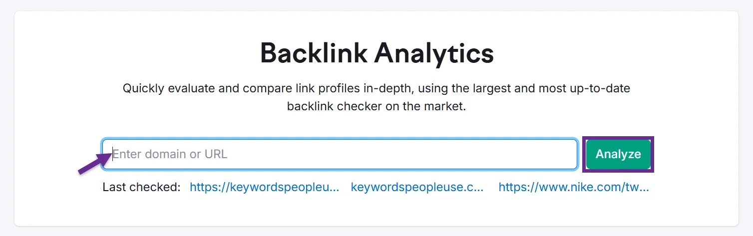 Backlink analytics tool input field for domain or URL entry.