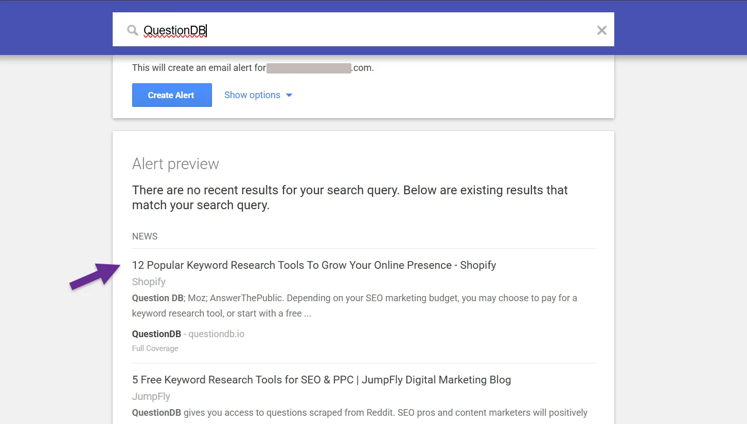 Search alert preview for keyword research tools on QuestionDB platform.