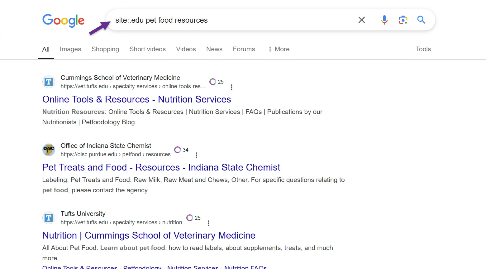 Search results for pet food resources on educational websites.