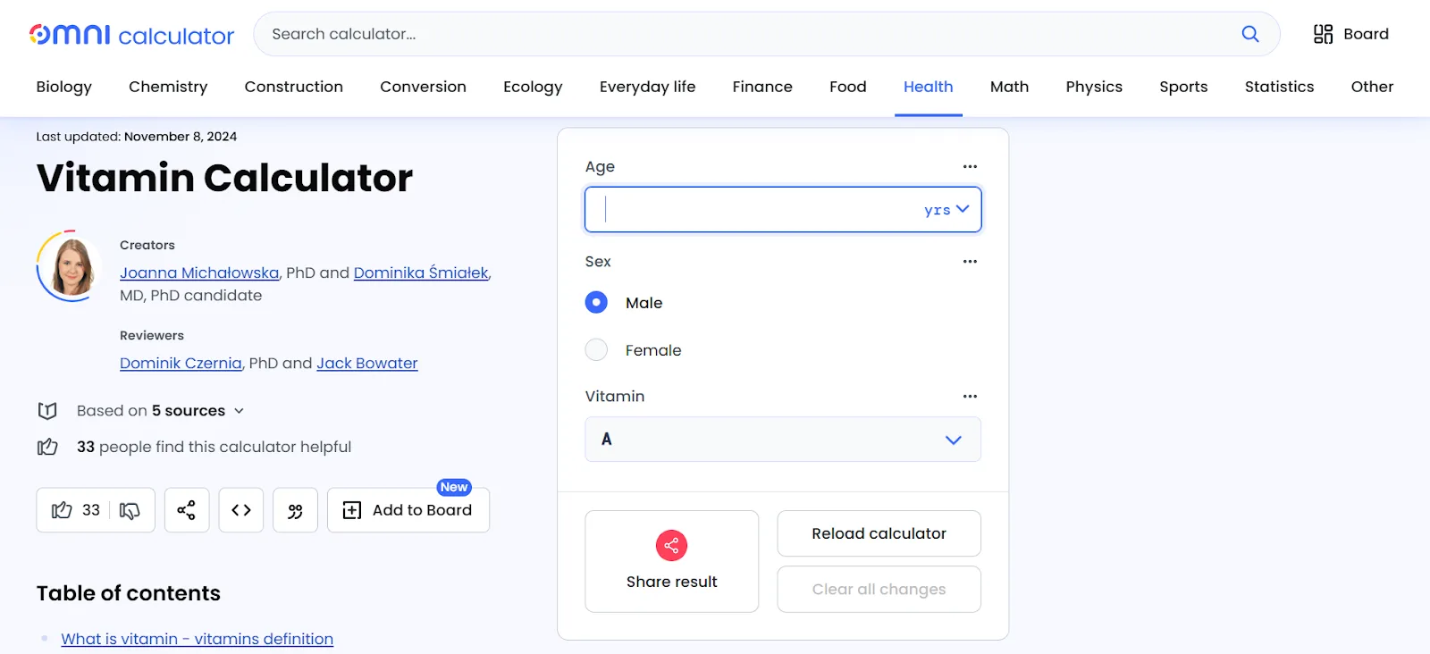 Interactive vitamin calculator for age, sex, and vitamin needs