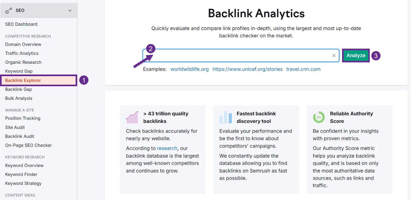 Dashboard of backlink analytics tool showing features for evaluation and comparison of link profiles.