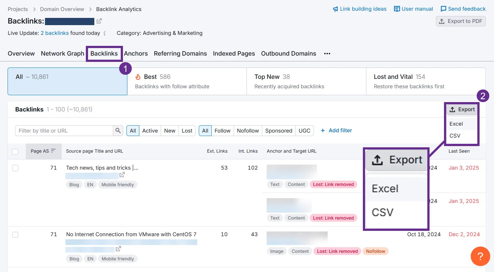Screenshot of backlink analytics with export options for Excel and CSV.