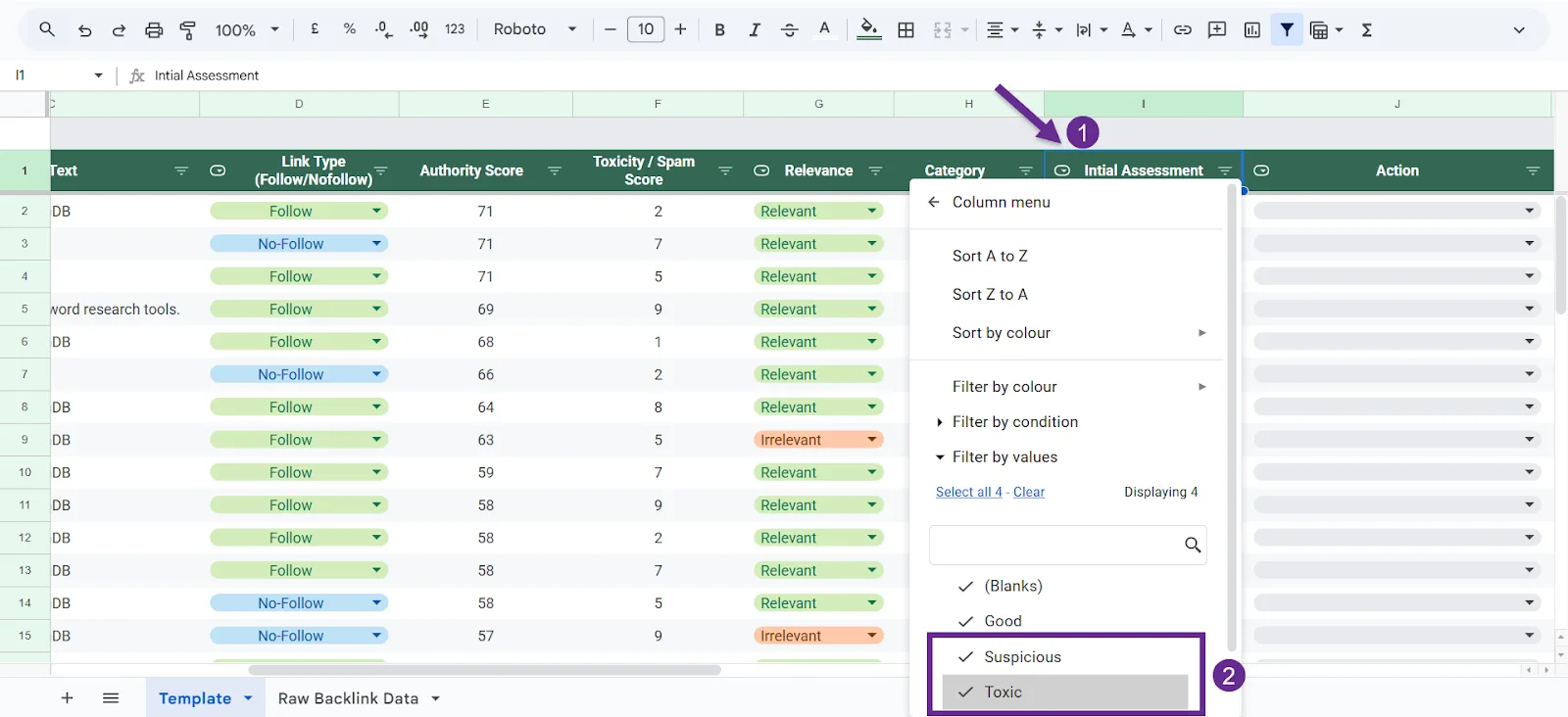 Spreadsheet showing initial assessment of backlinks, including authority and spam scores.