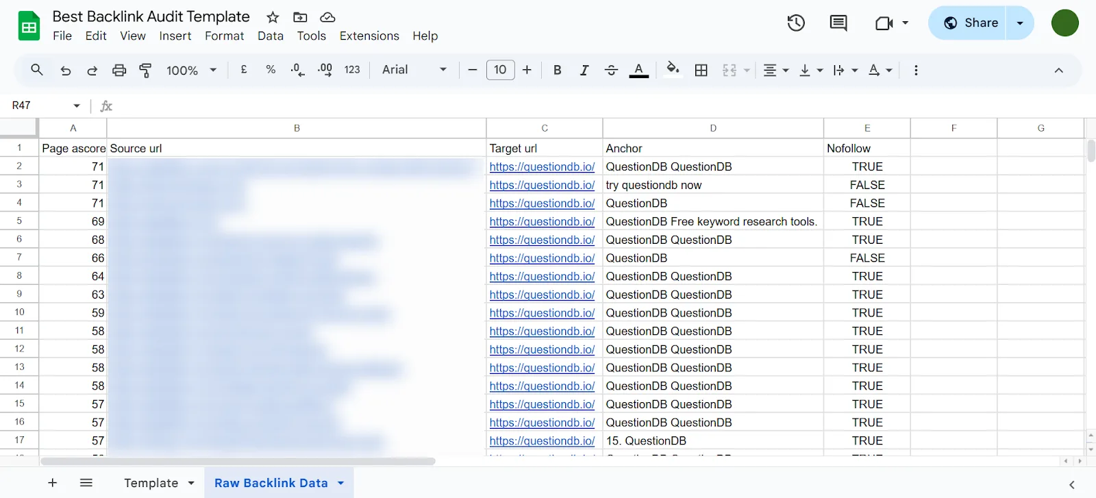 Spreadsheet displaying backlink audit template with URLs and scores.