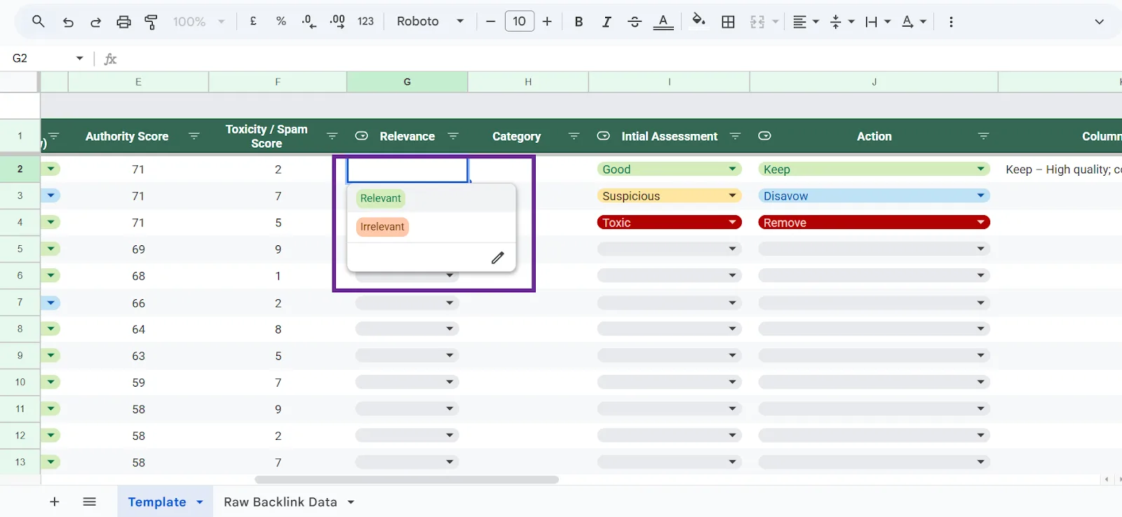 Spreadsheet showing authority score, toxicity score, relevance, and action categories.