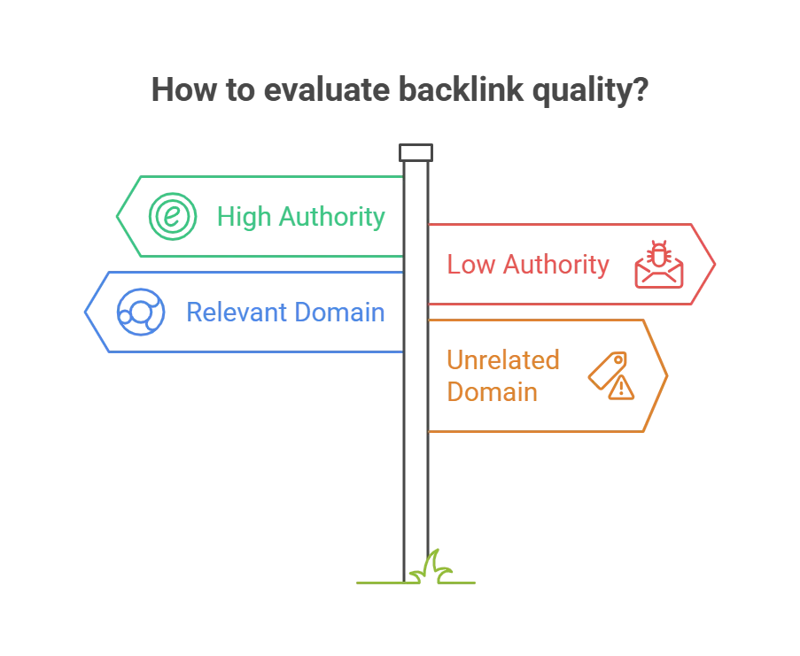 Directional signpost illustrating evaluation of backlink quality with categories.