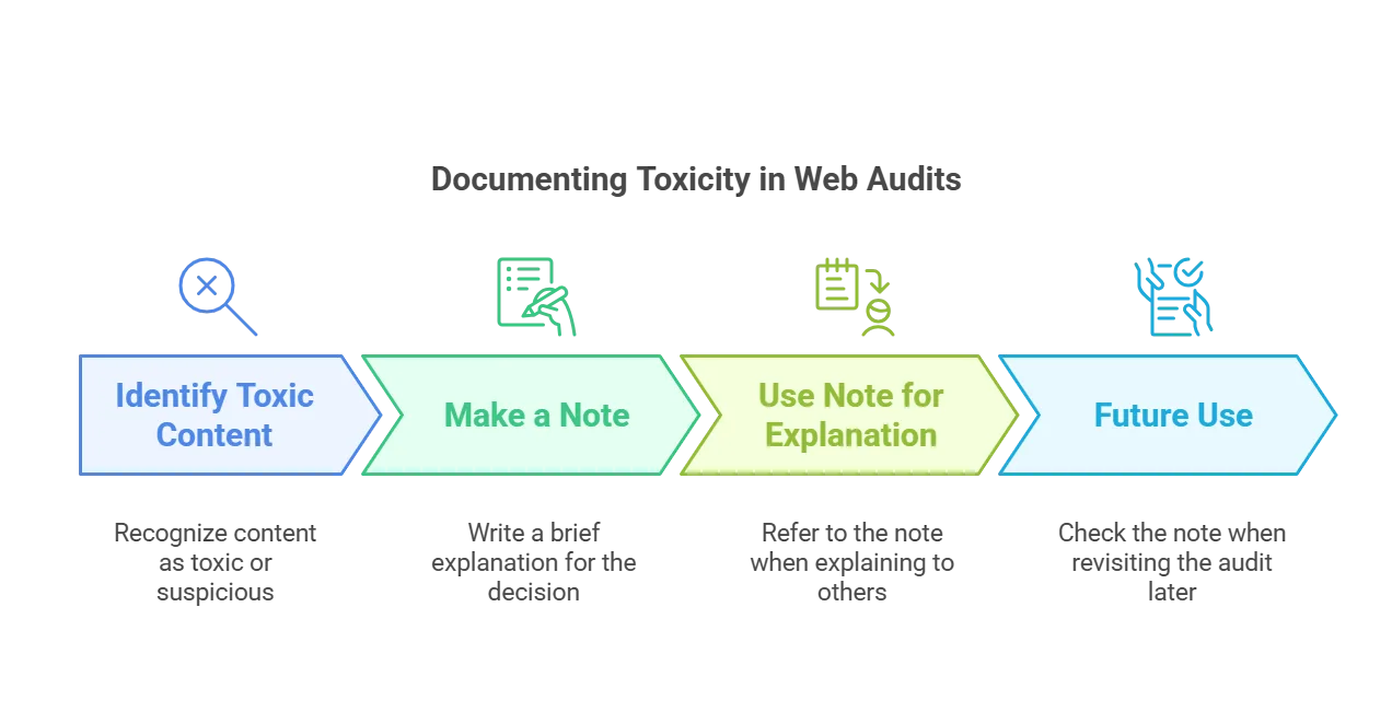 Steps for documenting toxic content in web audits.