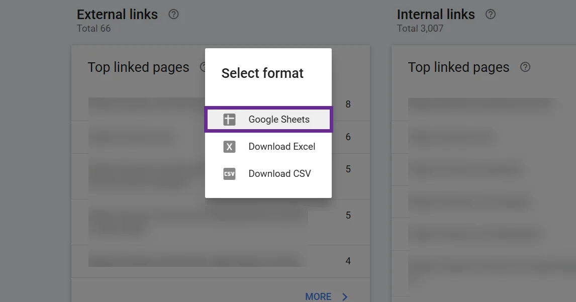 Menu for selecting file format options including Google Sheets, Excel, and CSV.