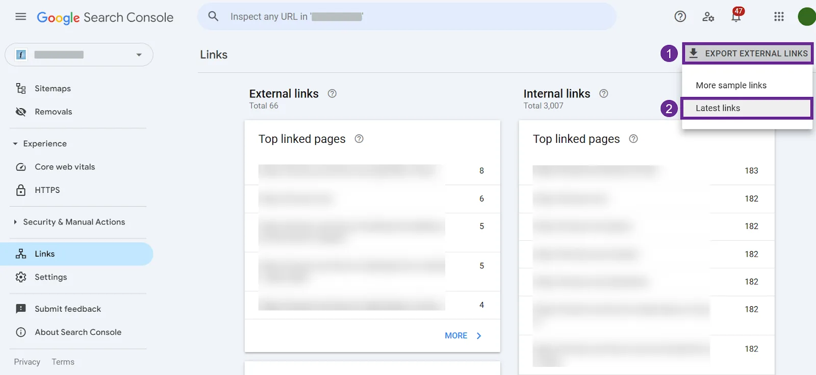 Google Search Console dashboard showing links and export options.