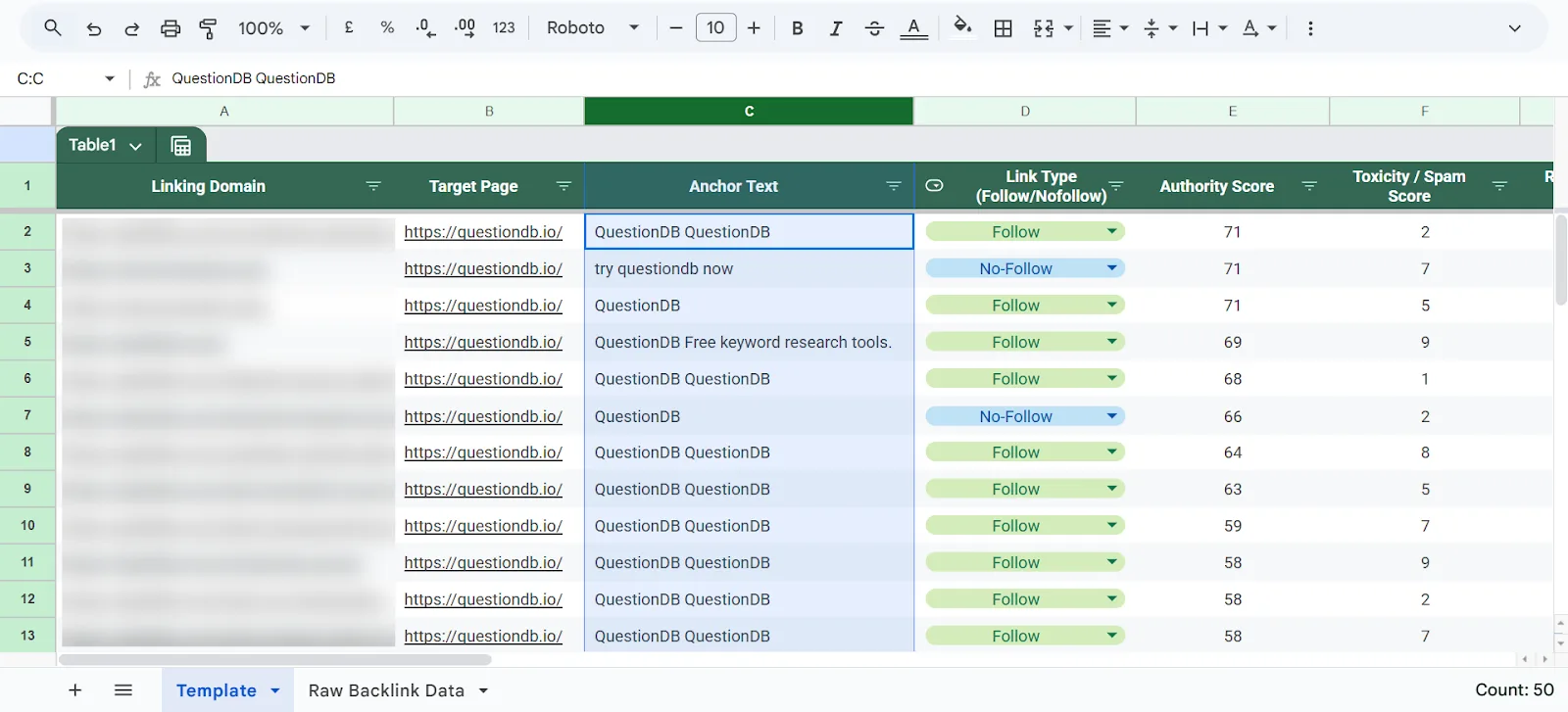 Screenshot of backlink data for QuestionDB containing linking domains and metrics.