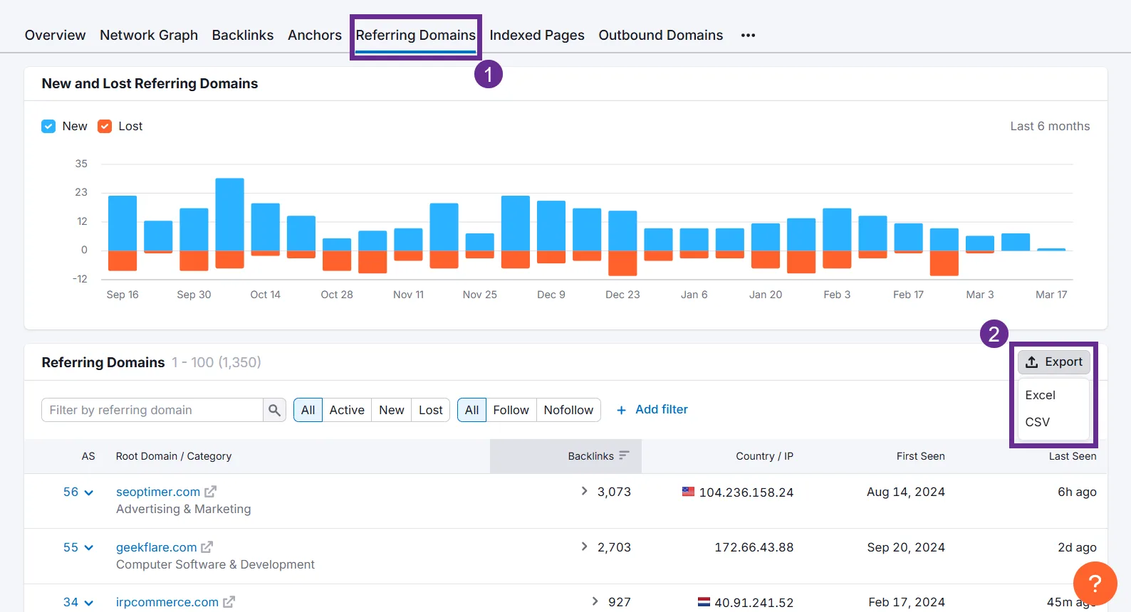 Dashboard view showing new and lost referring domains with export options for CSV and Excel.