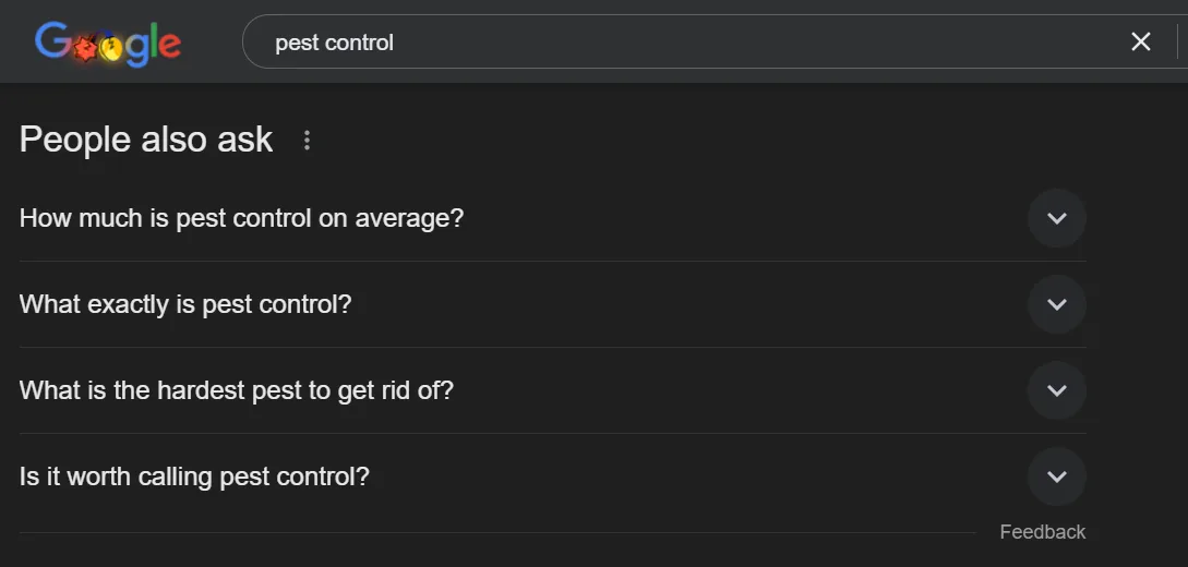 Google search results for pest control questions and answers.