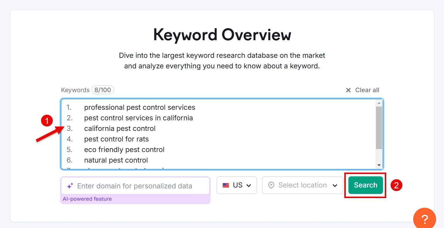 Keyword overview for pest control services with search functionality.