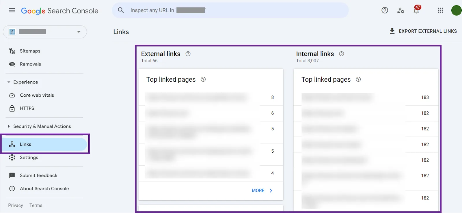 Google Search Console interface displaying external and internal links statistics.