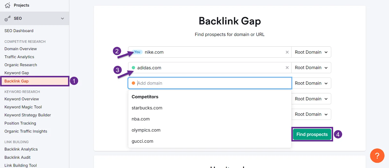 Backlink Gap tool for SEO project with competitor domains listed.