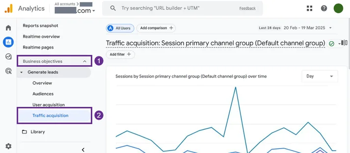 Google Analytics traffic acquisition report showing session primary channel group data.