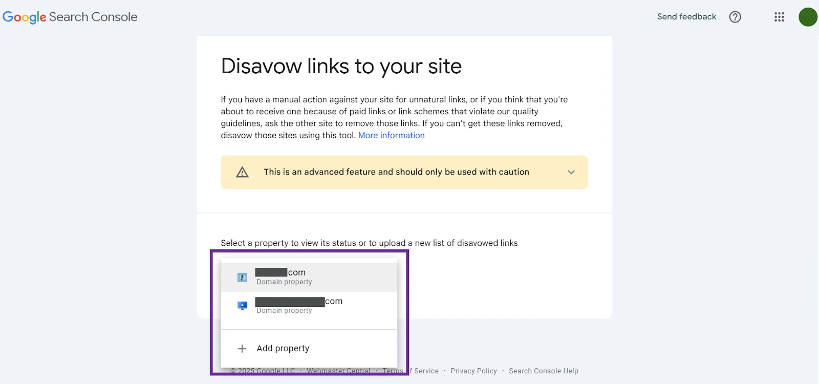 Google Search Console page for disavowing links to a website