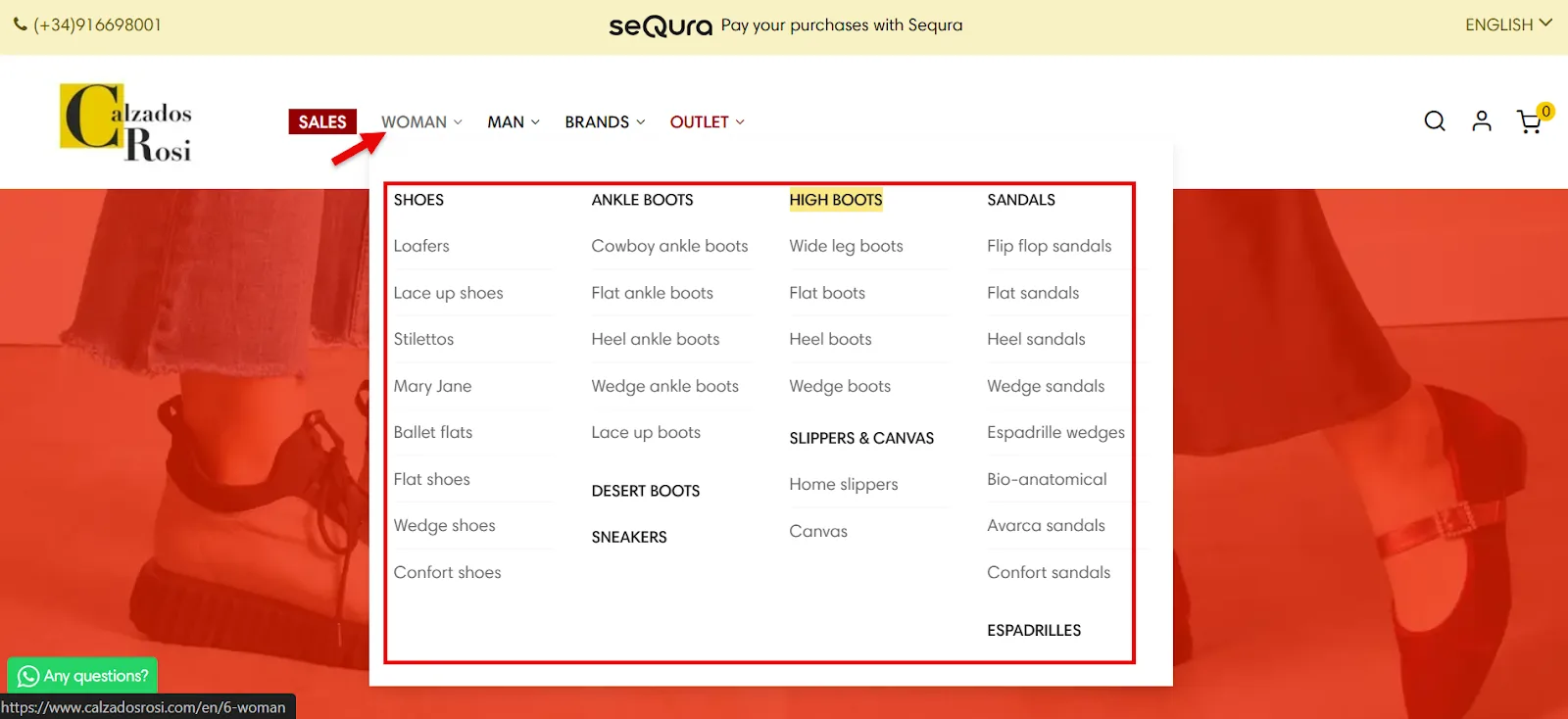 Women's shoe categories including sandals, boots, and more from Calzados Rosi.