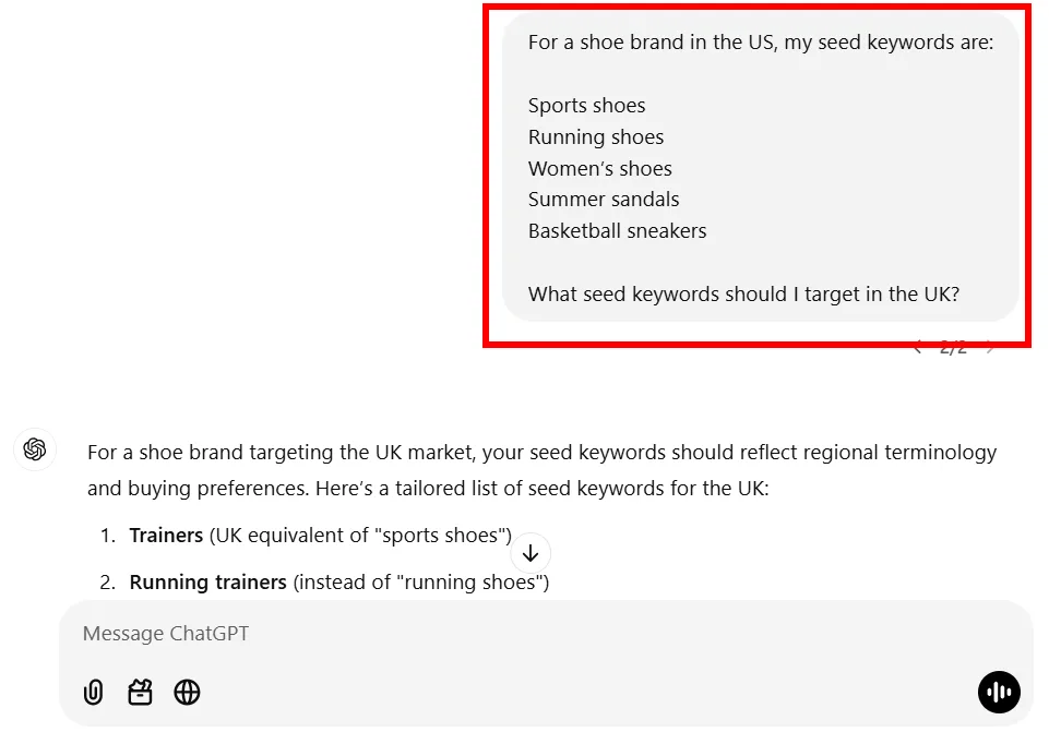 List of seed keywords for a shoe brand targeting the UK market.