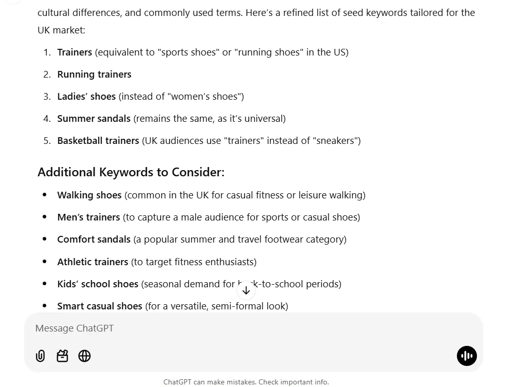 UK footwear keyword list for trainers, sandals, casual, and athletic shoes.
